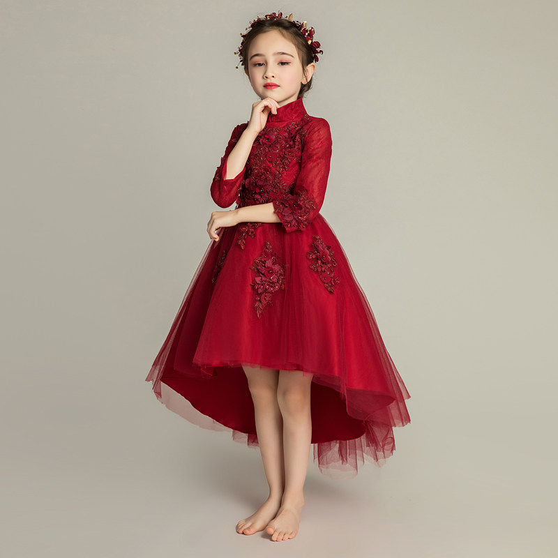 女童礼服公主裙儿童晚礼服婚纱长袖前短后长鱼尾小花童钢琴演出服