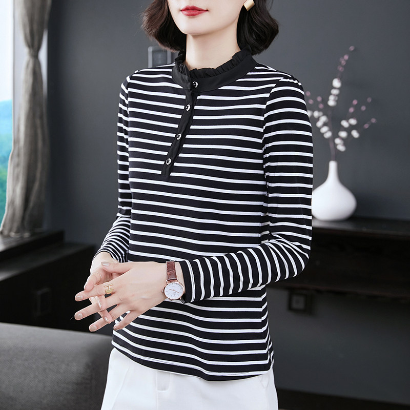 妈妈纯棉长袖t恤女洋气上衣中年秋装2023新款立领花边条纹打底衫