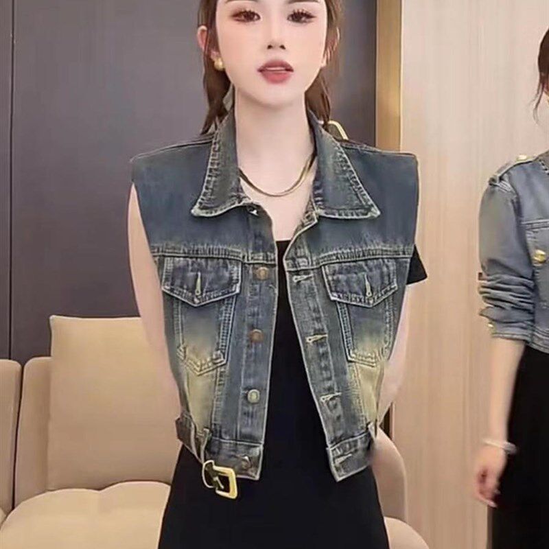 港味复古洗水渐变无袖牛仔马甲女2024夏百搭修身休闲背心马夹外套