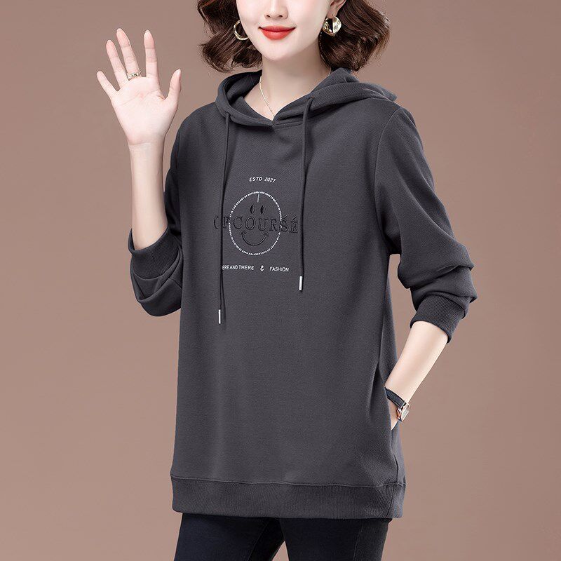 洋气老年人薄款卫衣连帽女灰色宽松休闲外套时尚妈妈春秋新款上衣