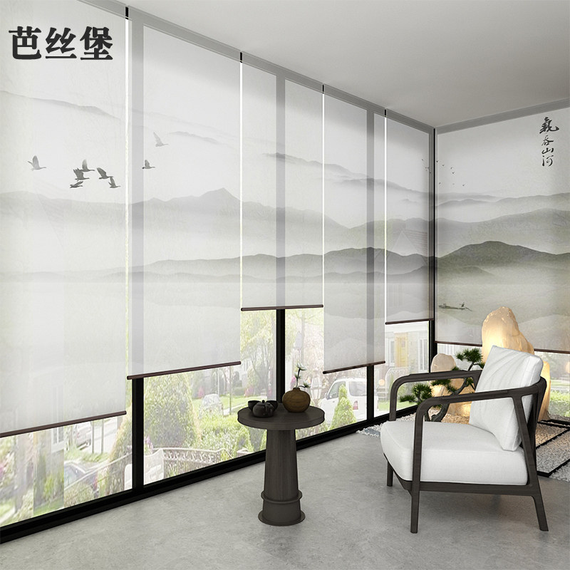 新中式窗帘窗户卷帘悬挂式房间软屏风隔离拉帘挂画半遮光遮阳电动