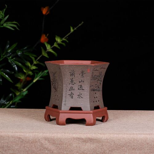 宜兴绿色灰色黄色黑色古典桌面陶瓷紫砂 六方兰花盆景盆树桩包邮