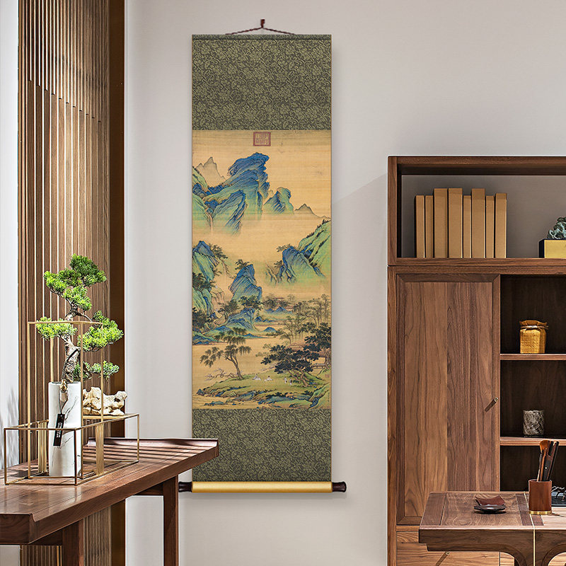 仇英春山吟赏图中式丝绸卷轴挂画竖版茶室客厅装饰画书房玄关墙画