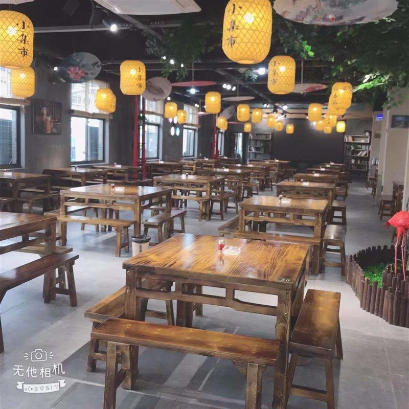 包邮碳化仿古实木方桌餐桌火烧木休闲桌打牌桌公园饭店农家乐桌椅