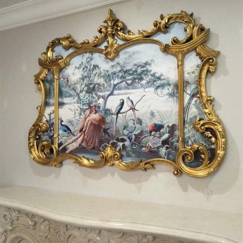 128x99欧式优雅法式蓝色调花鸟风景纯手绘油画玄关画沙发横壁炉画