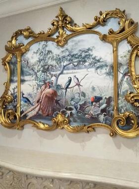 128x99欧式优雅法式蓝色调花鸟风景纯手绘油画玄关画沙发横壁炉画
