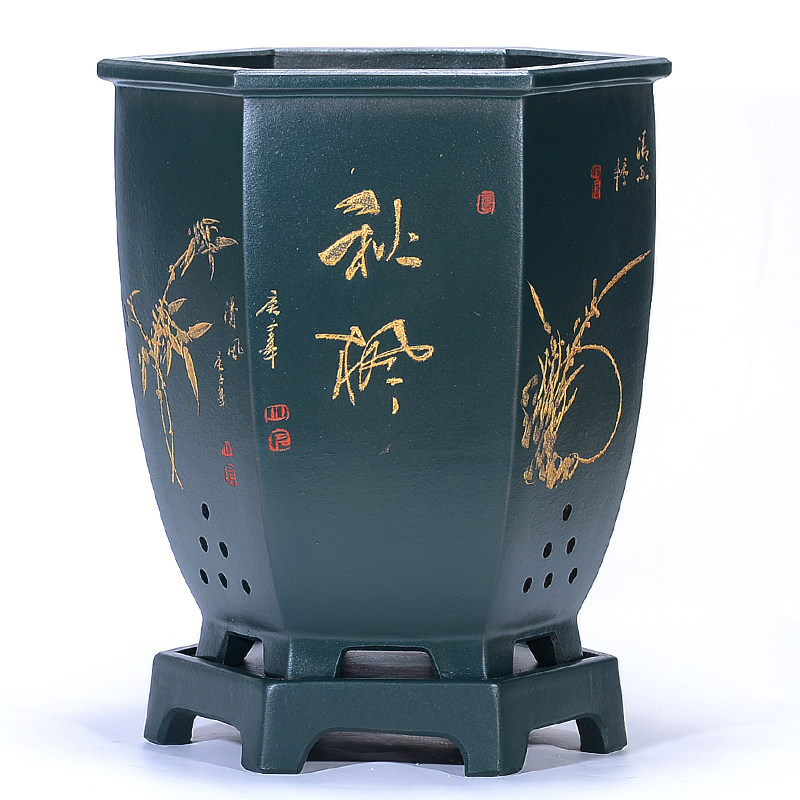 宜兴紫砂花盆高档陶瓷花盆带托盘大号君子兰盆景方花盆兰花专用盆