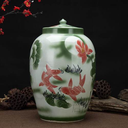 景德镇青花陶瓷米缸油缸20斤30斤50斤100装带盖水缸米桶泡菜缸