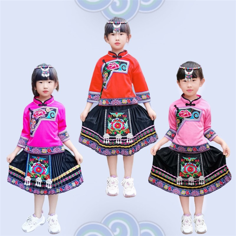 新款土家族布依族羌族民族特色女童裙子套装银丝宝鸳鸯女童装粉色