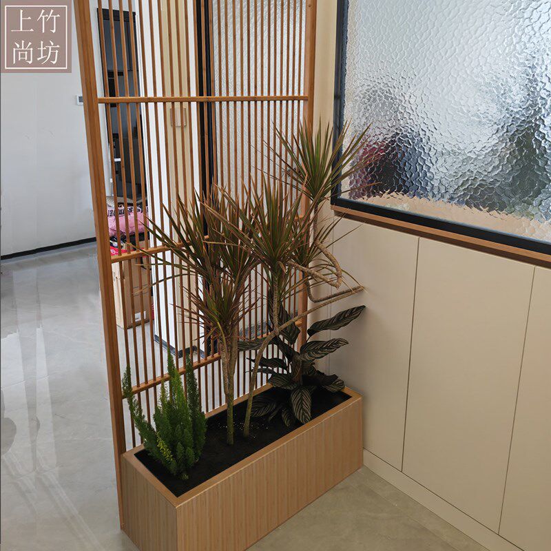入户屏风可移动花圃花盆植物屏风整装竹木定制带脚移动格栅隔断