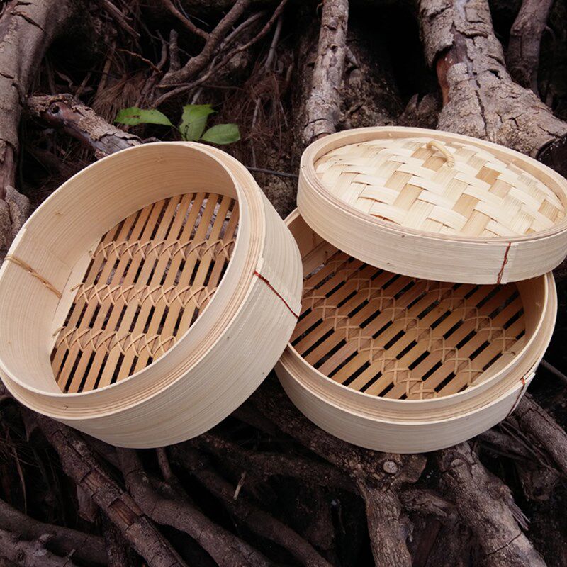 泗纶无胶水竹蒸笼 二笼一盖家用竹笼屉 绿色竹制厨具 送草垫包邮