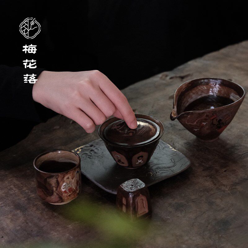 梅花落敦煌手绘套组盖碗主人杯窑变文创茶具送礼粗陶陈培强手作
