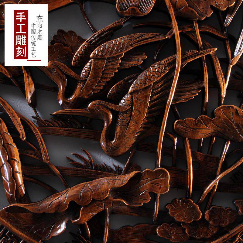 东阳木雕挂件手工木头雕刻画工艺品中式客厅墙装饰实木质圆形荷花