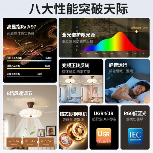 至御中古风扇灯复古餐厅灯卧室胡桃木色吊扇灯氛围灯云朵装饰灯