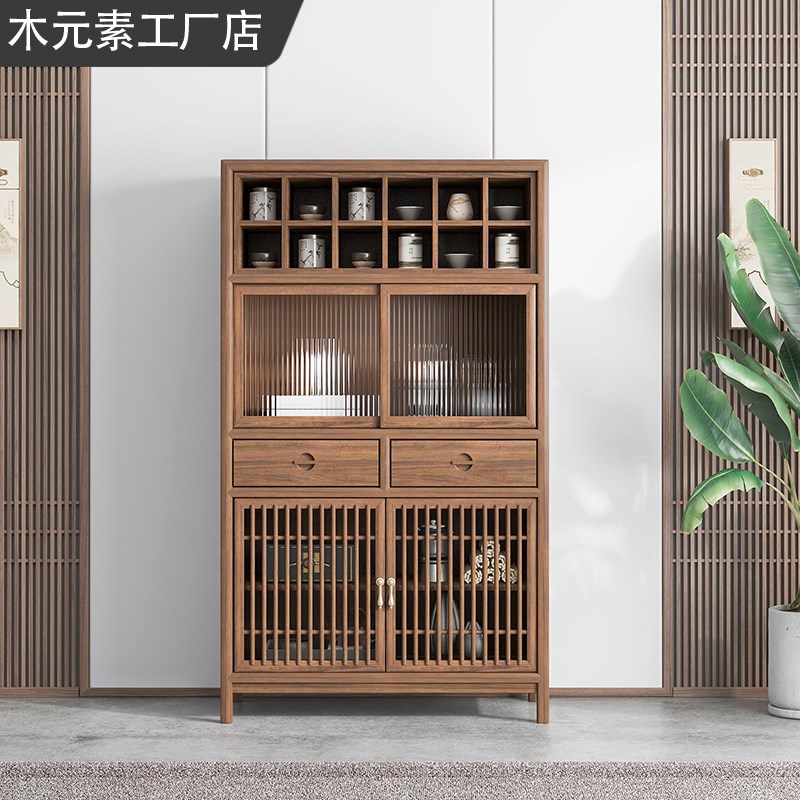 新中式餐边柜立柜茶叶柜茶室家具实木榆木黑胡桃色简约禅意茶边柜