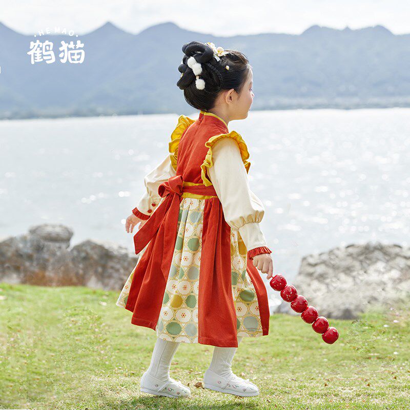 鹤猫 汉服女童秋冬款高端儿童秋款宝宝古装中国风连衣裙 红鸢