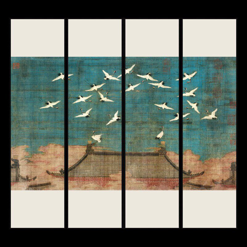 新中式客厅组合装饰画茶室禅意瑞鹤吉祥寓意壁画展厅书房古典挂画