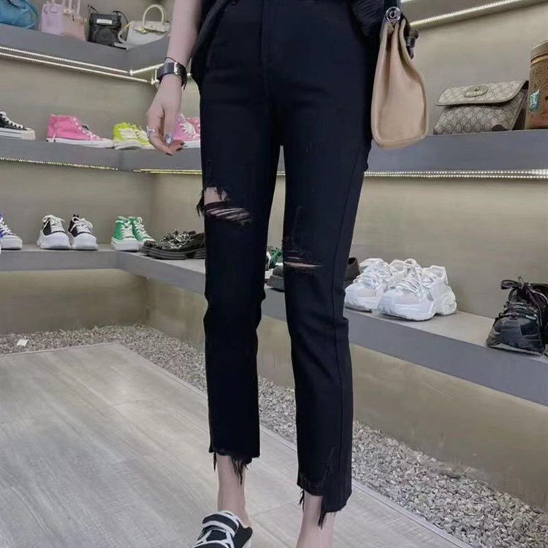 夏季薄款大码女装七分破洞牛仔裤女胖妹妹mm弹力高腰显瘦九分裤子