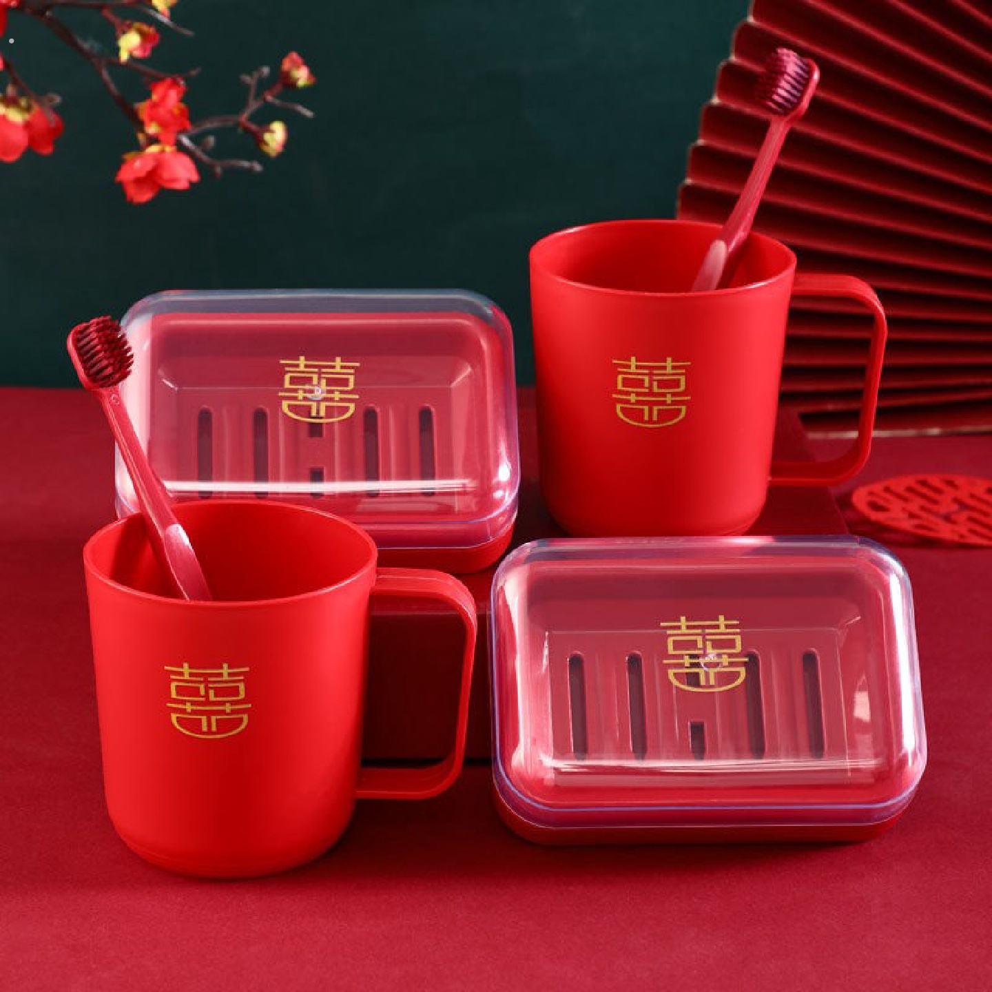 牙刷杯子红色套装一对情侣洗漱刷牙牙缸结婚庆陪嫁用品大全漱口杯