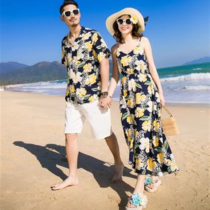 三亚旅行情侣装夏装男夏威夷花衬衫海边度假女沙滩连衣裙一衣一裙
