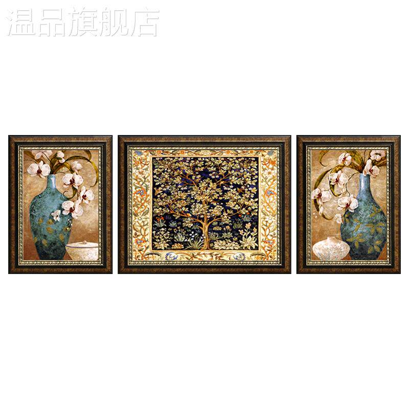 新款美式客厅装饰画欧式壁画沙发背景墙三联画复古墙画发财树油画
