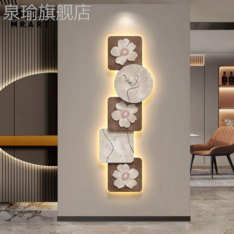 网红寂风玄关侘饰画高级装感LED气氛灯画肌理壁画客厅入户正对门