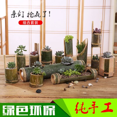 天然田园简约个性竹子多肉毛竹竹筒花盆组合小中大创意中国风室内