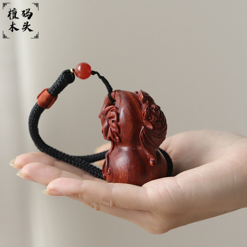 蝙蝠葫芦手把件 小叶紫檀木雕 文玩把玩物件手玩把件男女把玩件