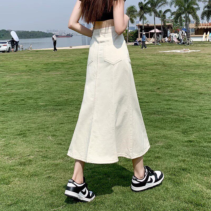 夏季牛仔半身裙女杏色高级感中长款a字包臀大码白色米色高腰半裙