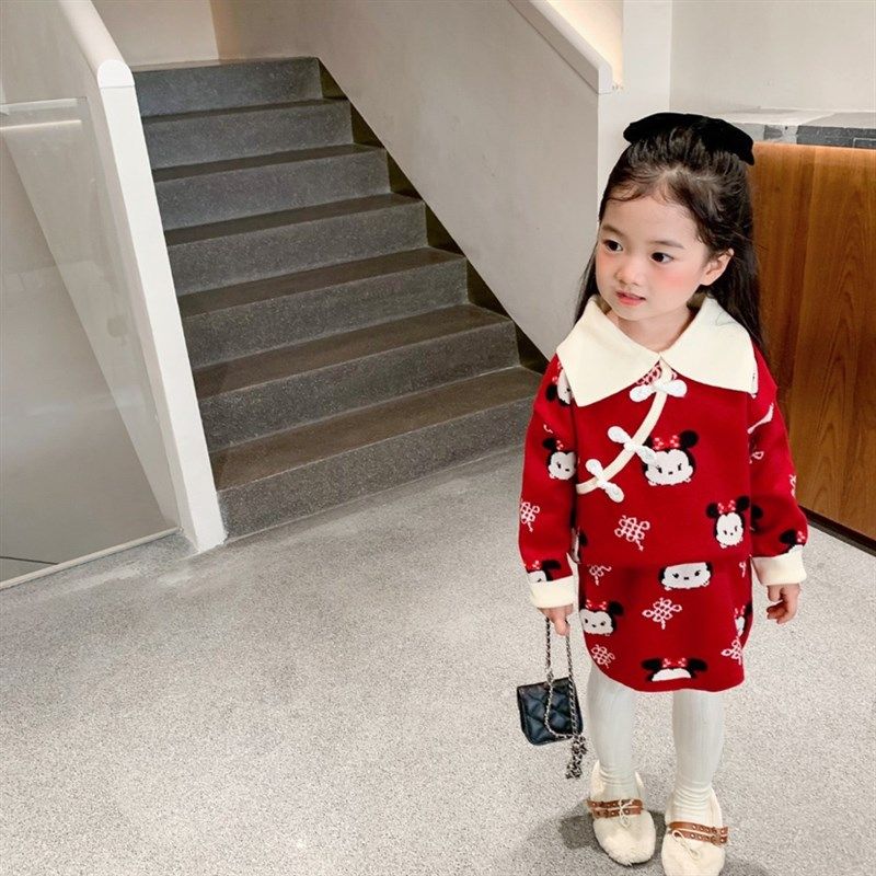 秋冬儿童小童女童红色中国风旗袍式毛衣裙女孩卡通针织汉服连衣裙