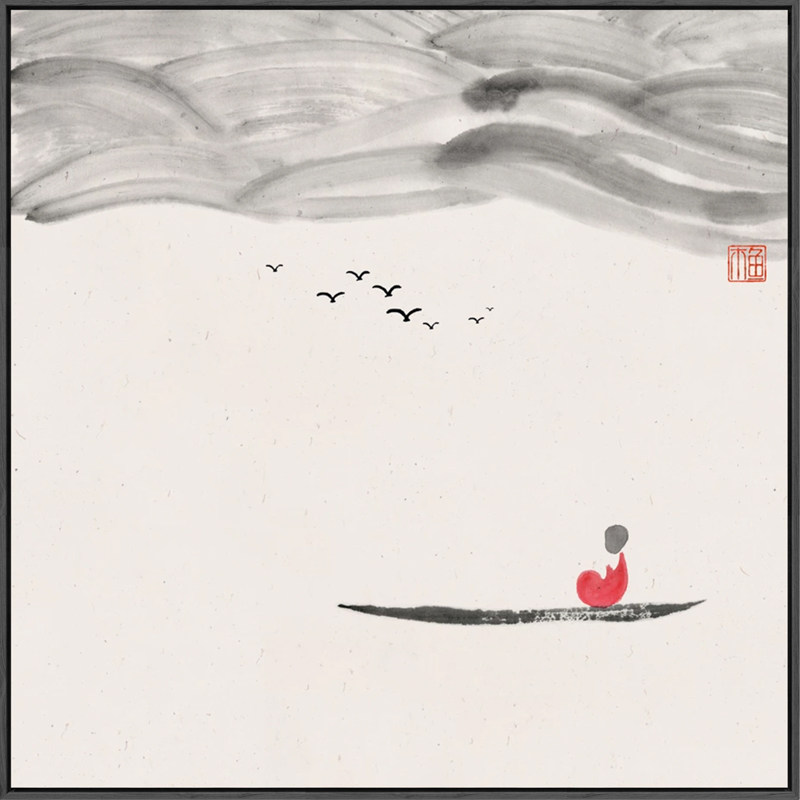 水墨禅意装饰画莲花小沙弥新中式简约素雅挂画茶室书房背景墙饰画