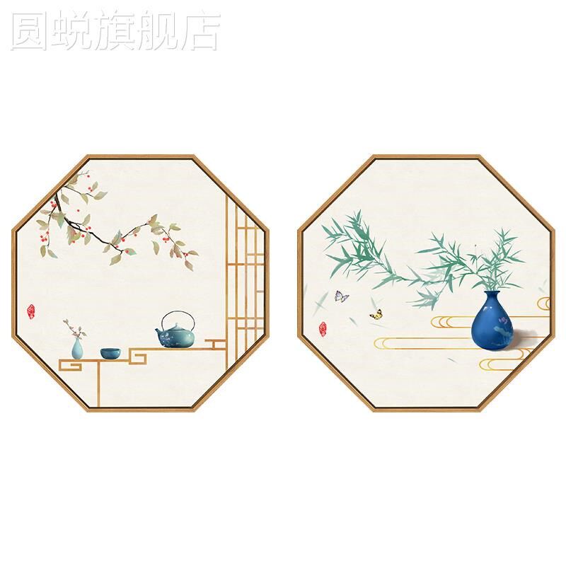 新款新中式茶室禅意墙面装饰画客厅背景墙餐厅壁画三联画正八边形