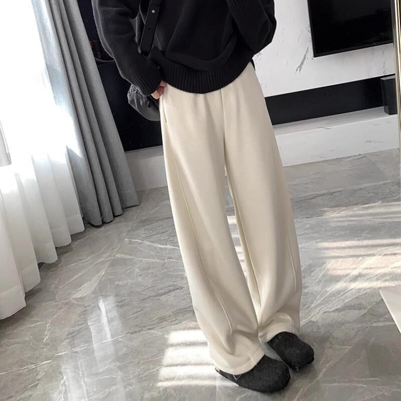 白色阔腿裤女春季新款休闲羊毛呢香蕉卫裤宽松弯镰刀裤垂感直筒裤
