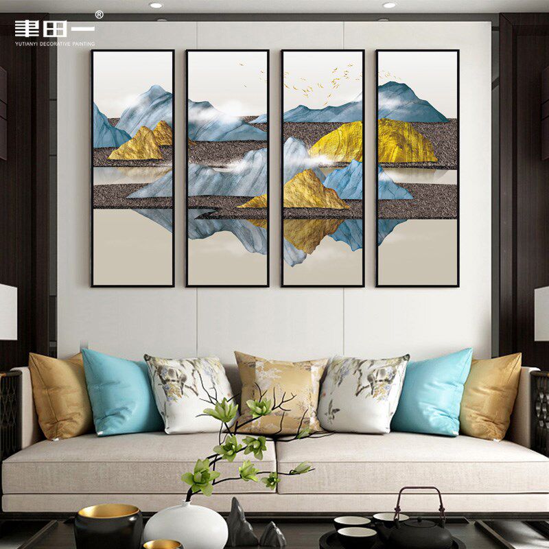 客厅沙发背景挂画 划新中式山水金山装饰画 划过道展厅四联整幅壁