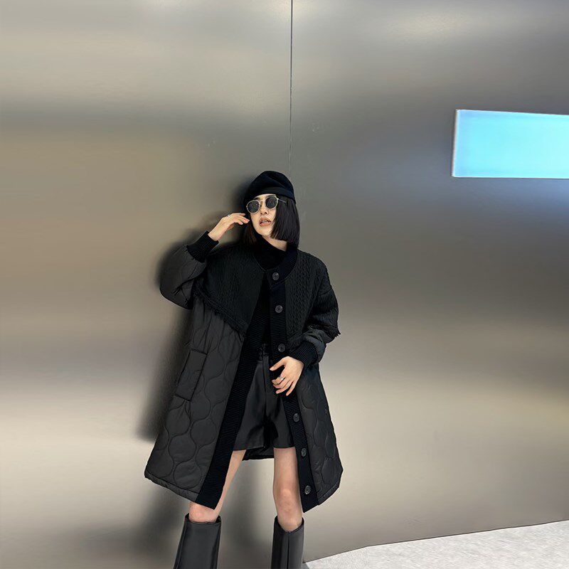 加大码女装拼接麻花纹肩中长款棉服外套胖妹妹冬季款显瘦百搭大衣