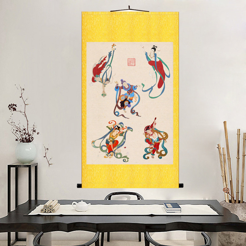 敦煌壁画挂画飞天仕女图飞天舞月图玄关客厅人物装饰丝绸卷轴画