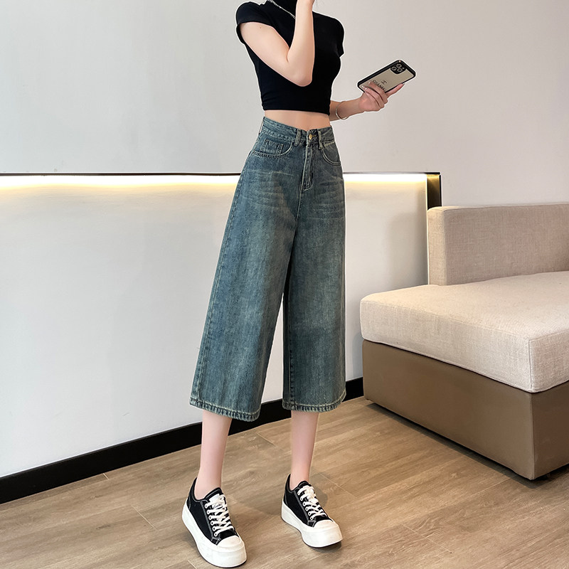 阔腿牛仔裤女八分夏季薄款2023年高腰显瘦休闲七分小个子直筒裤子