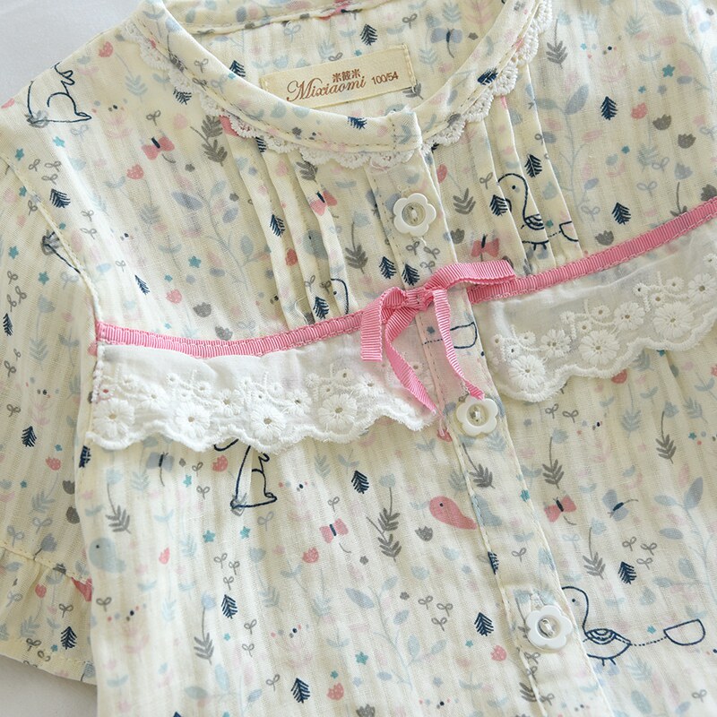 女童春夏薄纯棉纱布睡衣防蚊服长袖儿童三件套全棉家居服夏空调服