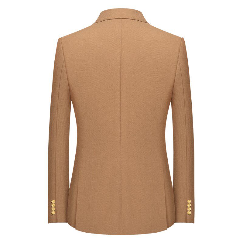 本派高定羊毛西装外套男新款弹力舒适卡其色半里金色纽扣休闲西装