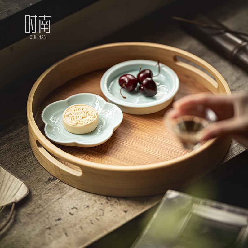 日式竹木制双耳手提圆形托盘家用放茶杯收纳茶水盘子简约茶盘茶托