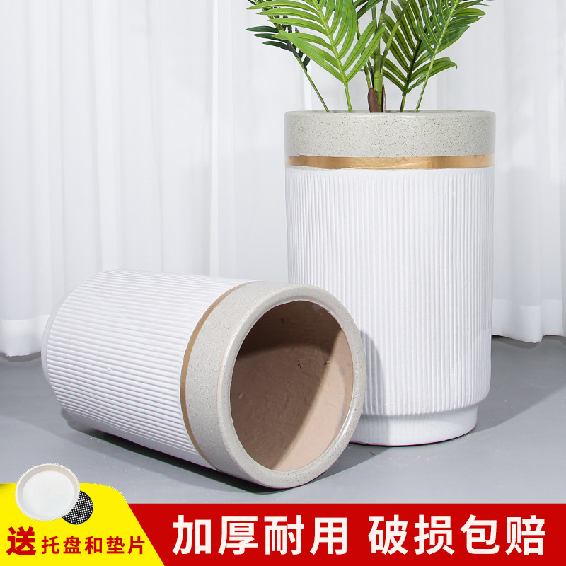 欧式简约陶瓷大花盆发财树金钱树绿植客厅室内外通用高筒花盆