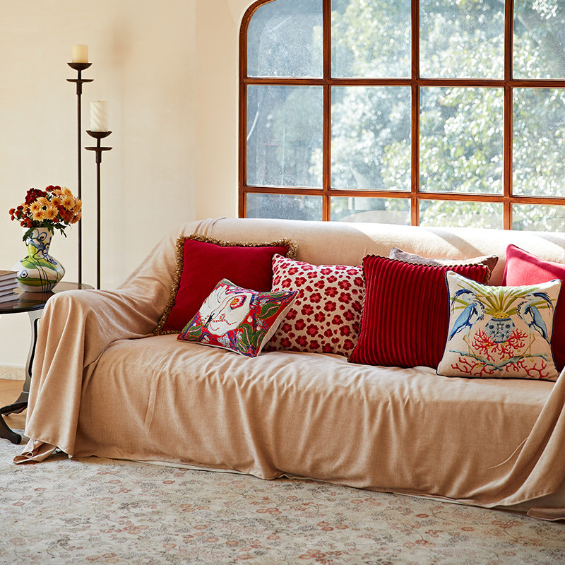 偏爱集美式抱枕轻奢高级感复古客厅沙发腰枕靠垫红色不含芯抱枕套