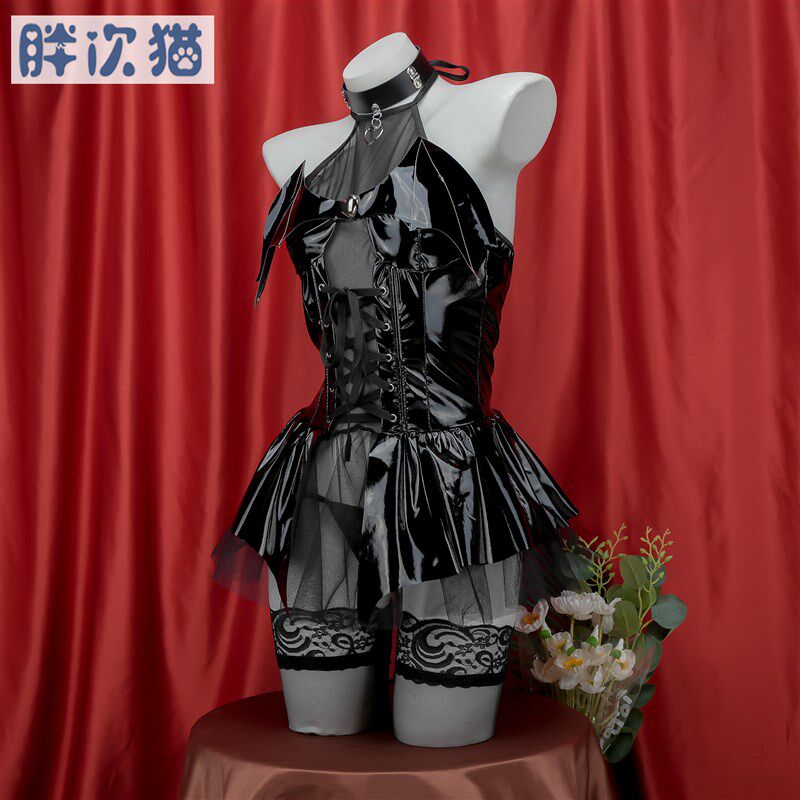 漆皮亮面小恶魔套装 性感网纱透明连衣裙家居睡裙魅魔装