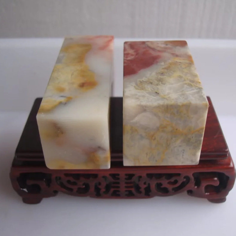 青田云和小顺石素方章欣赏印章一对3.3*3.3*6，3*3*8.2CM寿山巴林