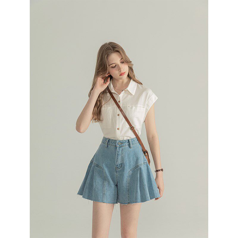 三十三 【Vivian 盛夏】浅蓝色a字高腰牛仔短裤女收腰显瘦裤子