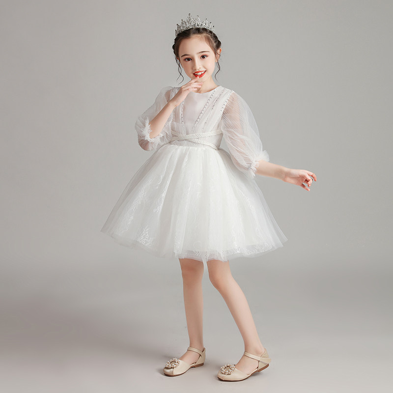 儿童礼服公主裙女童生日白色小女孩花童婚纱婚礼主持人钢琴演出服