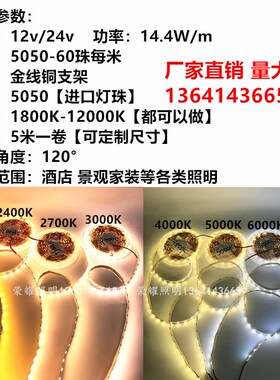 led灯带12v高亮24V防水2000K2400K2700K3000K5000K6000K色温软条
