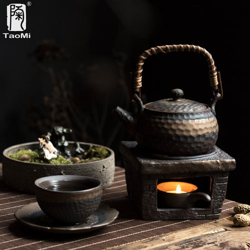 陶迷鎏金温茶炉套装原矿粗陶温茶台酒精灯加热底座陶瓷家用煮茶器