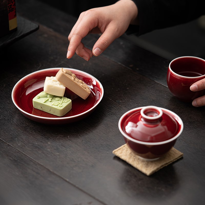 记今朝《郎红釉》三才盖碗茶杯陶瓷家用泡茶碗高端女士功夫茶具