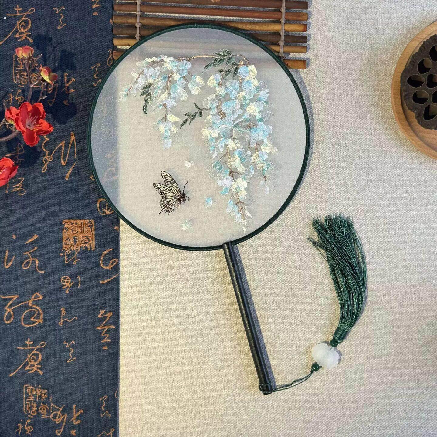 双面团扇古风中国风女式长柄流苏汉服旗袍跳舞蹈扇幼儿夏圆形扇子